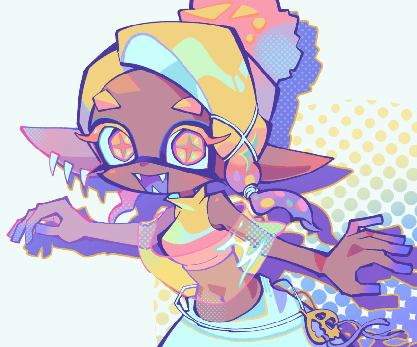 1girl :d asymmetrical_hair bare_shoulders blonde_hair colored_shadow colored_skin colored_tongue commentary_request crop_top cross-shaped_pupils dark-skinned_female dark_skin earrings eyelashes fangs food-themed_hair_ornament forehead frye_(splatoon) gradient_hair hair_ornament halftone halftone_background highres jewelry korean_commentary looking_at_viewer medium_hair midriff multicolored_background multicolored_hair multicolored_skin multiple_earrings navel open_mouth pants pointy_ears polka_dot purple_hair purple_skin purple_tongue shadow shawl shirt short_eyebrows simple_background sleeveless sleeveless_shirt sleeveless_turtleneck smile solo splatoon_(series) splatoon_3 stomach symbol-shaped_pupils tentacle_hair turtleneck ufo_sw white_background white_pants yellow_eyes yellow_shawl yellow_shirt