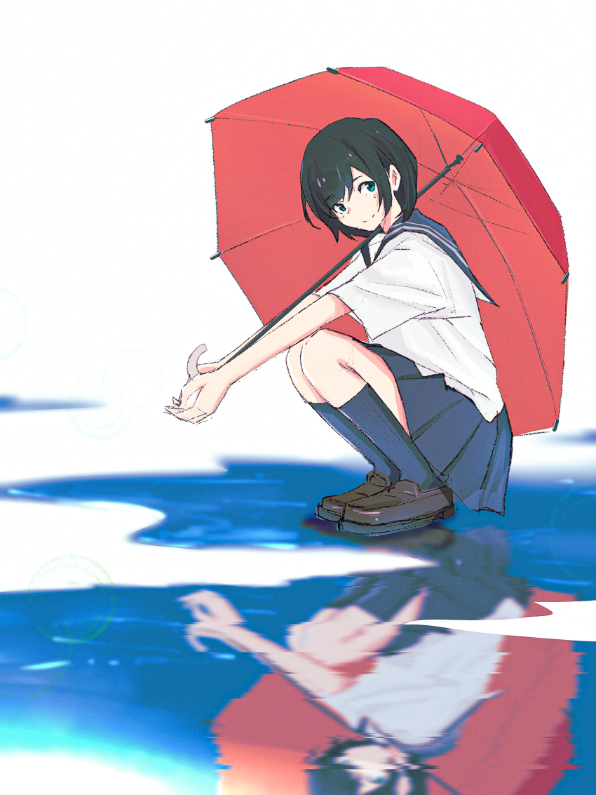 1girl black_hair blue_eyes blue_sailor_collar blue_skirt blue_socks brown_footwear closed_mouth different_reflection from_side full_body hair_between_eyes highres holding holding_umbrella kneehighs legs_together loafers looking_at_viewer oka_kojiro original own_hands_together pleated_skirt puddle reflection reflective_water sailor_collar school_uniform serafuku shirt shoes short_hair short_sleeves sidelocks simple_background skirt smile socks solo squatting umbrella white_background white_shirt