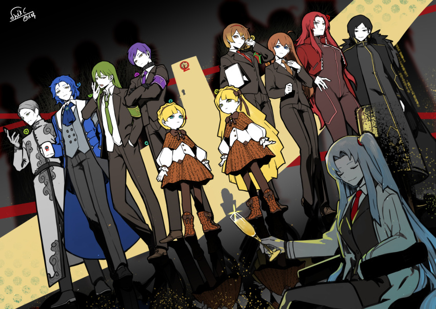 5boys 6+girls ahoge angela_(project_moon) aqua_eyes armband ascot binah_(project_moon) black_cape black_dress black_jacket black_pants black_vest blonde_hair blue_ascot blue_eyes blue_hair bodysuit boots bow bowtie braid brown_bow brown_bowtie brown_capelet brown_footwear brown_pantyhose brown_skirt cape capelet champagne_flute chesed_(project_moon) closed_eyes closed_mouth coat collared_shirt cup dress drinking_glass gebura_(project_moon) green_eyes green_hair green_necktie grey_coat grey_vest hair_ornament hairclip highres hod_(project_moon) hokma_(project_moon) jacket lobotomy_corporation long_hair long_sleeves looking_at_viewer multiple_boys multiple_girls necktie netzach_(project_moon) nishikujic one_side_up open_mouth pants pantyhose project_moon puffy_long_sleeves puffy_sleeves purple_hair red_bodysuit red_necktie redhead shirt short_hair skirt smile tiphereth_a_(project_moon) tiphereth_b_(project_moon) very_long_hair vest violet_eyes white_shirt yesod_(project_moon)