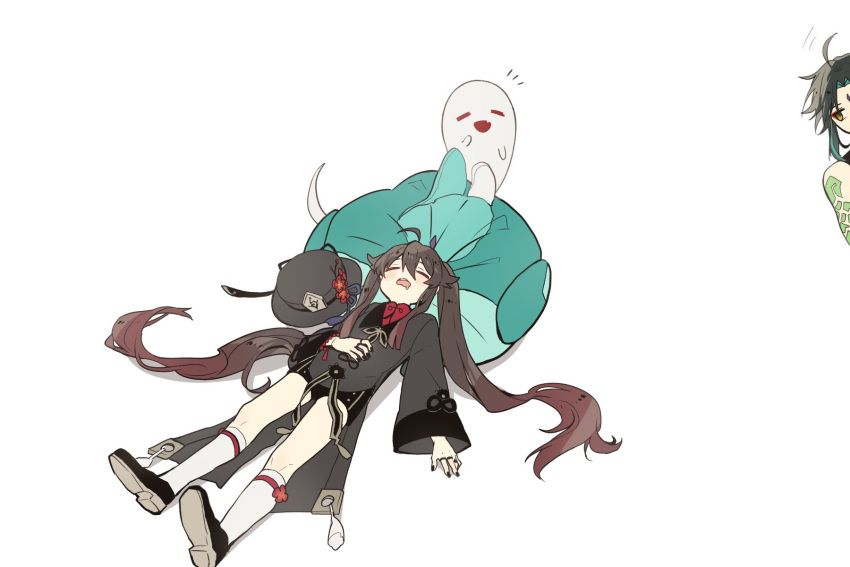 1boy 1girl boo_tao_(genshin_impact) brown_hair commentary_request genshin_impact ghost green_hair hat hat_removed headwear_removed highres hu_tao_(genshin_impact) lying on_back on_ground simple_background sleeping tk_n_gm twintails white_background xiao_(genshin_impact) yellow_eyes