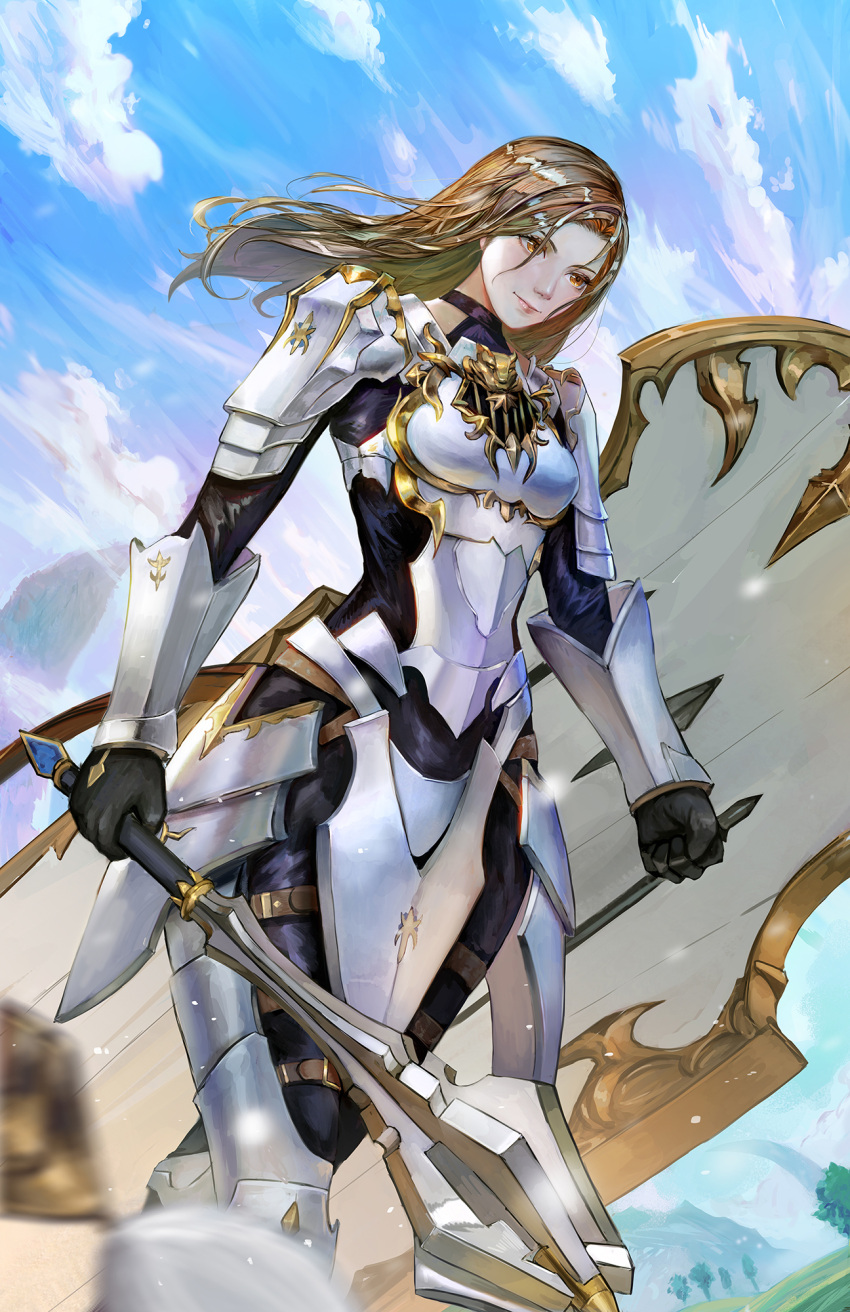 1girl arm_guards armor blonde_hair blue_sky breastplate clouds gloves hair_between_eyes highres holding holding_mace holding_shield holding_weapon kisara_(tales) long_hair mace outdoors pauldrons shield shoulder_armor sky solo spiked_mace spikes tales_of_(series) tales_of_arise tim_kong weapon yellow_eyes