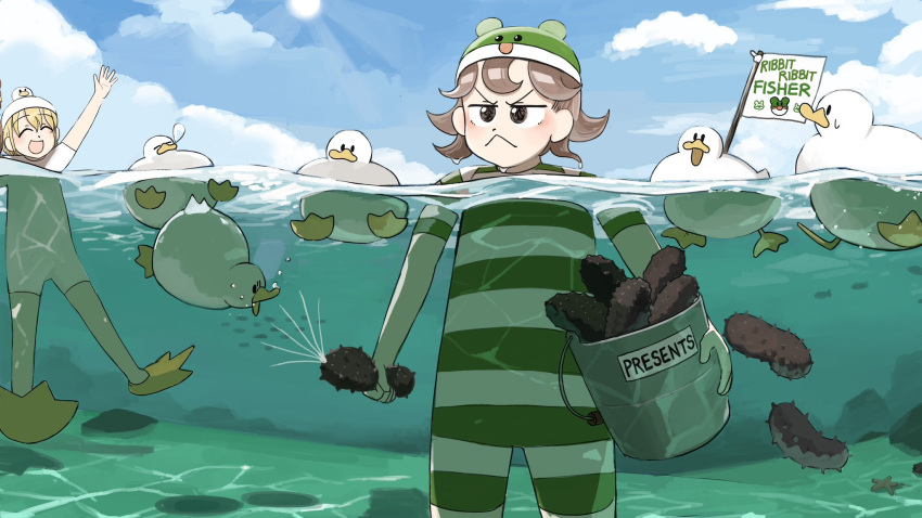 2girls :&lt; :d ^_^ bird blonde_hair brown_eyes brown_hair bucket chicken closed_eyes clouds cloudy_sky clumsy_nun_(diva) diva_(hyxpk) duck english_commentary flag froggy_nun_(diva) green_one-piece_swimsuit highres little_nuns_(diva) multiple_girls nose_bubble ocean old_school_swimsuit one-piece_swimsuit partially_submerged partially_underwater_shot school_swimsuit sea_cucumber short_hair sky smile standing striped striped_one-piece_swimsuit swimsuit white_swimsuit