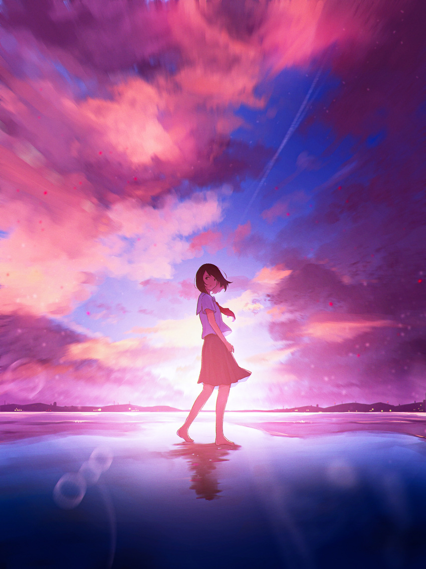 1girl absurdres arms_at_sides barefoot black_eyes black_hair black_skirt blue_sky city_lights clouds cloudy_sky evening floating_clothes floating_hair from_side full_body highres hill horizon lens_flare long_hair looking_at_viewer neckerchief oka_kojiro original outdoors pleated_skirt puddle red_neckerchief reflection reflective_water scenery school_uniform serafuku shirt short_sleeves skirt sky solo walking white_shirt