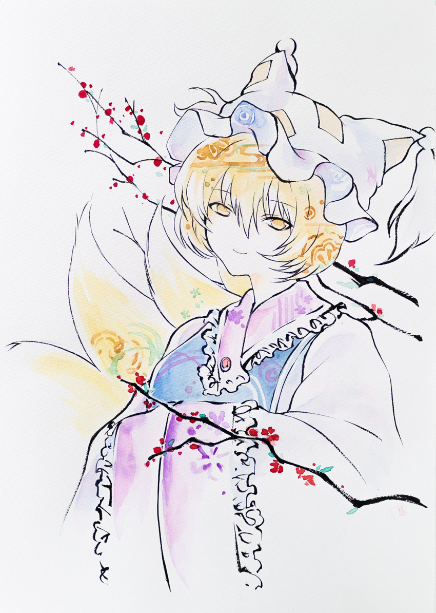 1girl animal_ears blue_tabard branch calligraphy_brush cherry_blossoms fox_ears fox_girl fox_tail hat highres ikeda_ruriko light_smile looking_at_viewer medium_hair mob_cap multiple_tails paintbrush painting_(medium) plant solo tabard tail touhou traditional_media trigram upper_body white_background wide_sleeves yakumo_ran