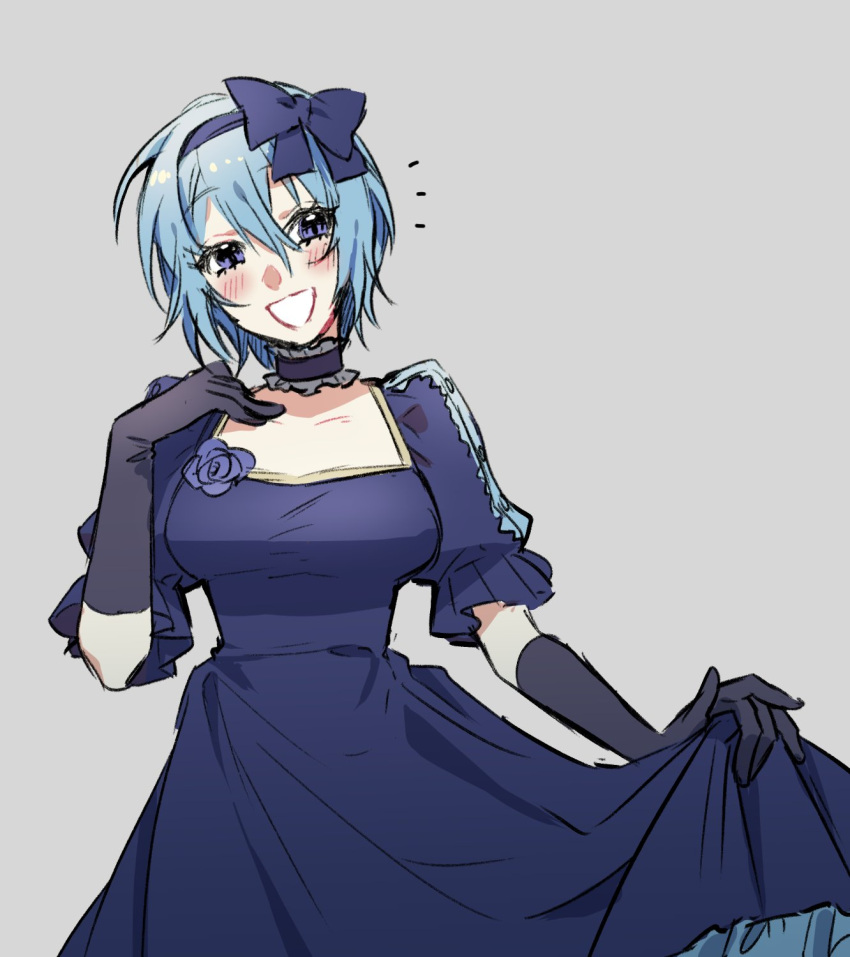 1girl :d black_gloves blue_collar blue_eyes blue_flower blue_hair blue_hairband blue_rose blush bow_hairband breasts claire_elford collar corsage dress feet_out_of_frame flower frilled_collar frills gloves gown grey_background hair_between_eyes hairband head_tilt highres large_breasts light_blue_hair looking_at_viewer mometsu_033 notice_lines puffy_short_sleeves puffy_sleeves rose short_hair short_sleeves simple_background skirt_hold smile solo standing straight-on witch's_heart