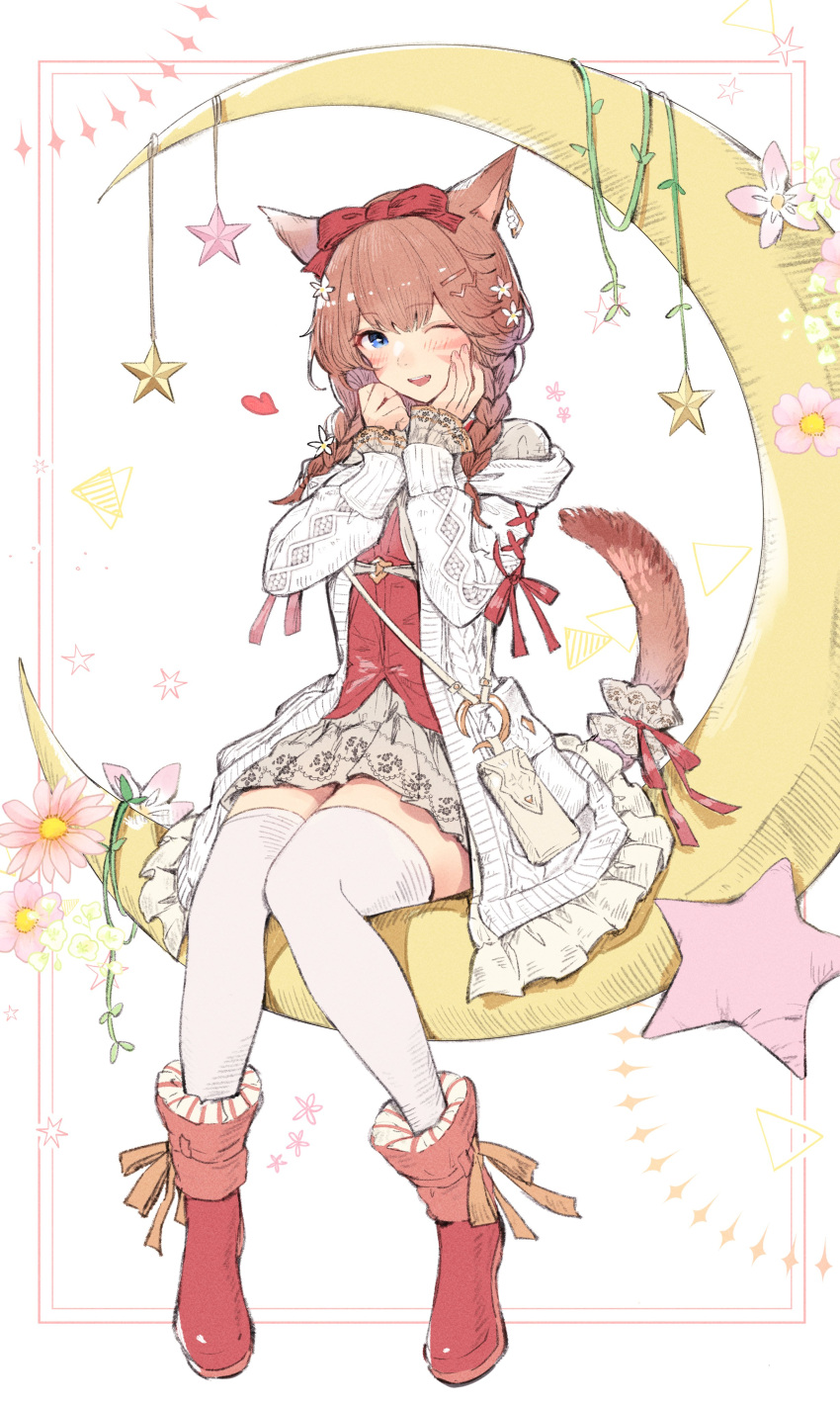 1girl absurdres animal_ears blue_eyes bow braid brown_hair cardigan cat_ears cat_tail commentary crescent_moon final_fantasy final_fantasy_xiv flower frilled_cuffs full_body hair_bow hair_flower hair_ornament hand_on_own_cheek hand_on_own_face highres looking_at_viewer miqo'te mokokoiro moon on_crescent one_eye_closed open_cardigan open_clothes parted_lips pink_flower pleated_skirt red_bow red_footwear red_ribbon ribbon sitting skirt solo star_(symbol) symbol-only_commentary tail tail_ornament tail_ribbon teeth thigh-highs twin_braids upper_teeth_only warrior_of_light_(ff14) white_cardigan white_thighhighs zettai_ryouiki