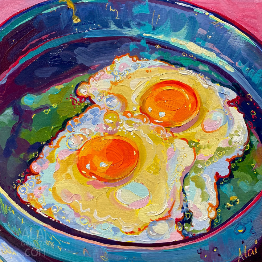 alaiganuza artist_name chromatic_aberration egg_(food) egg_yolk food food_focus fried_egg frying_pan highres no_humans oil_painting_(medium) original painting_(medium) signature traditional_media watermark