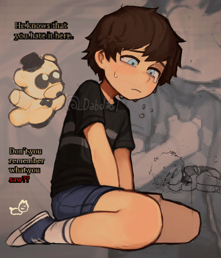 1boy artist_name blue_eyes bow bowtie brown_hair child crying crying_with_eyes_open dabi_bill denim denim_shorts english_commentary english_text five_nights_at_freddy's gregory_(fnaf) hat highres male_child male_focus sad short_hair shorts stuffed_animal stuffed_toy tears teddy_bear top_hat zoom_layer