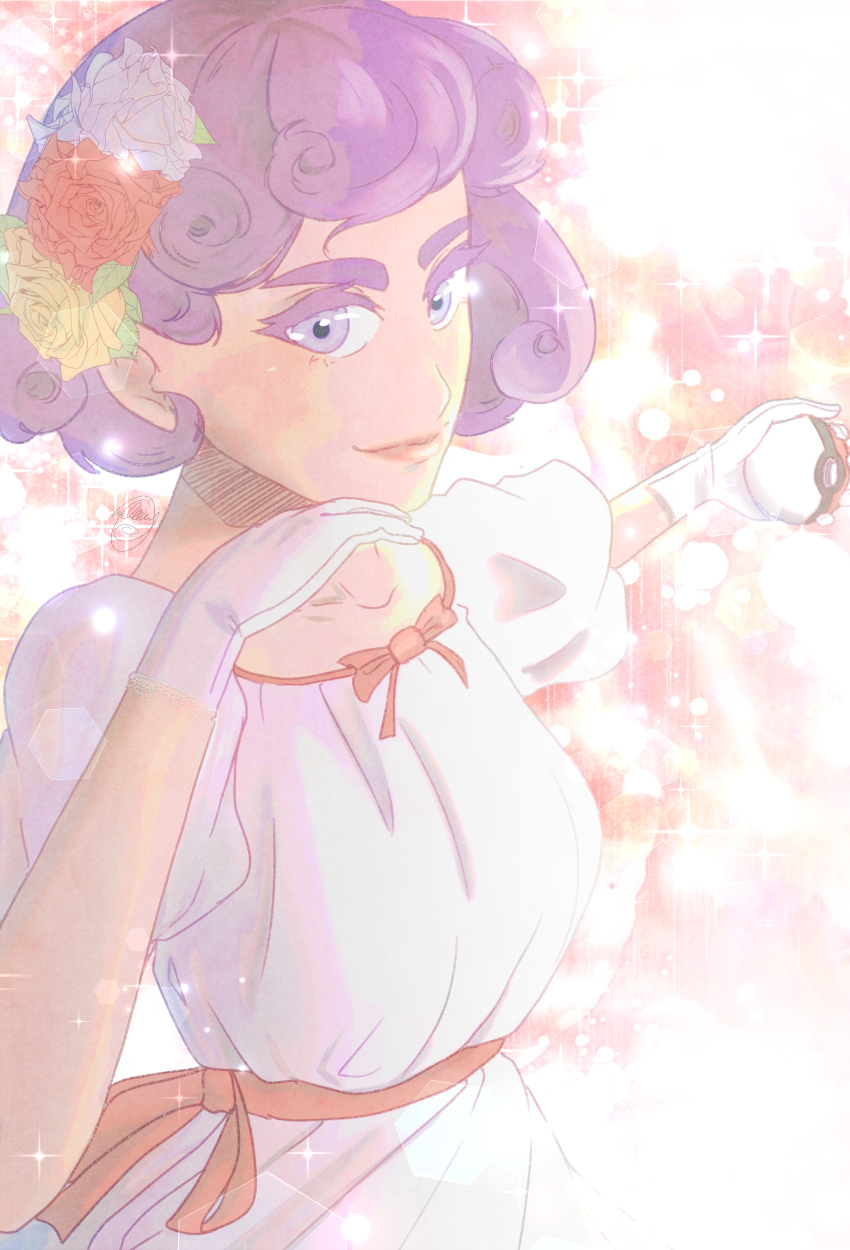 1girl absurdres burgundy_(pokemon) curly_hair dress flower gloves hair_flower hair_ornament highres holding holding_poke_ball looking_at_viewer owleeve poke_ball pokemon purple_hair short_hair simple_background solo sparkle thick_eyebrows upper_body violet_eyes white_dress white_gloves