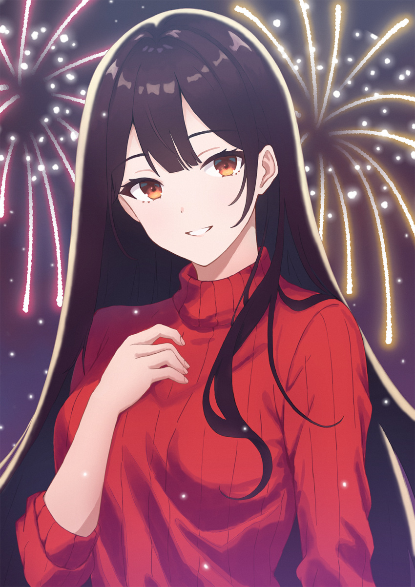 1girl black_hair breasts fingernails firework_background grin hair_between_eyes hand_on_own_chest hand_up herfstijl highres long_hair long_sleeves looking_at_viewer medium_breasts orange_eyes original red_sweater ribbed_sweater smile solo sweater turtleneck turtleneck_sweater upper_body