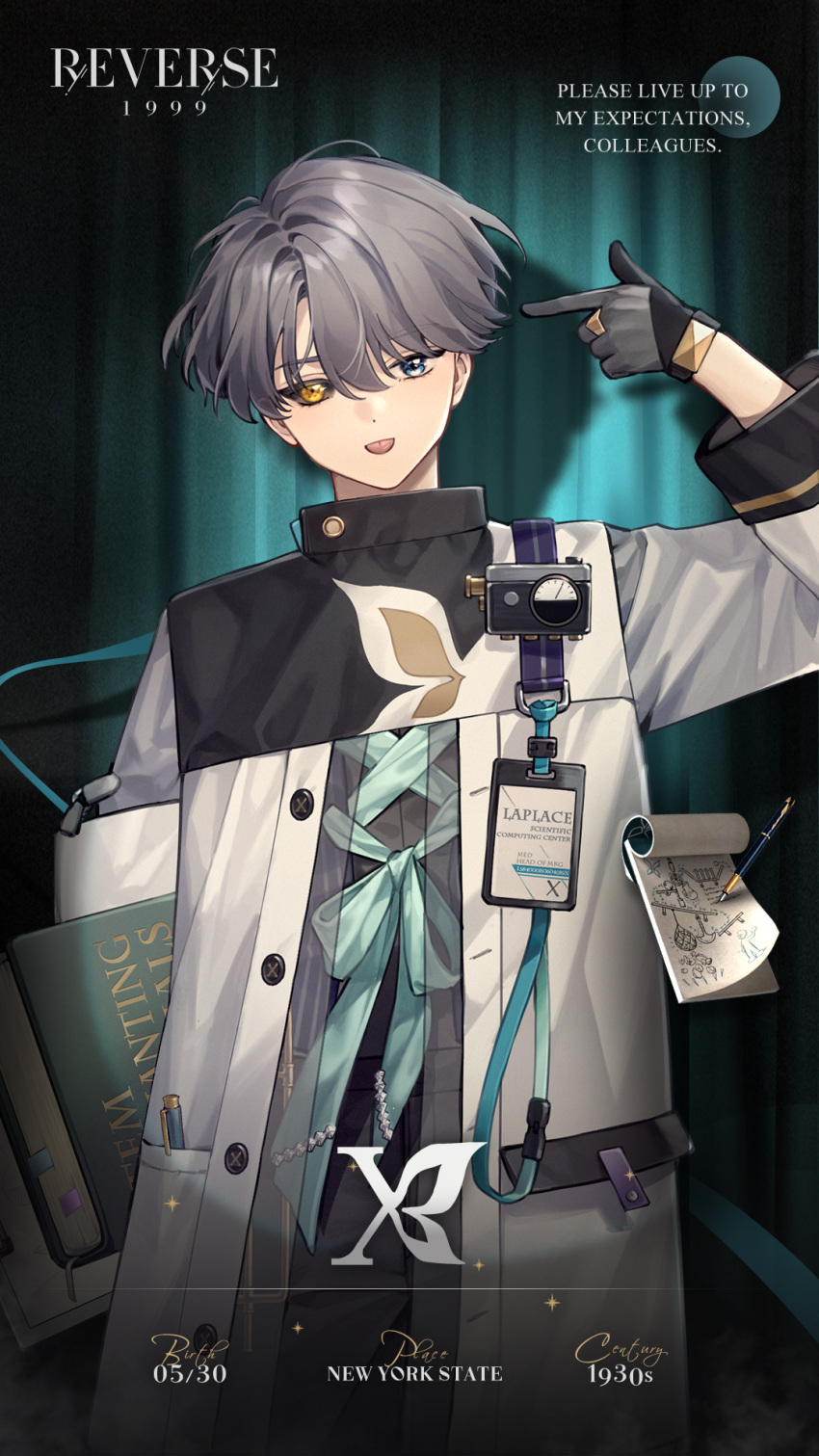 1boy blue_eyes book character_name english_commentary english_text grey_hair heterochromia highres holding holding_book name_tag notepad official_art pen pointing pointing_at_self reverse:1999 short_hair solo x_(reverse:1999) yellow_eyes