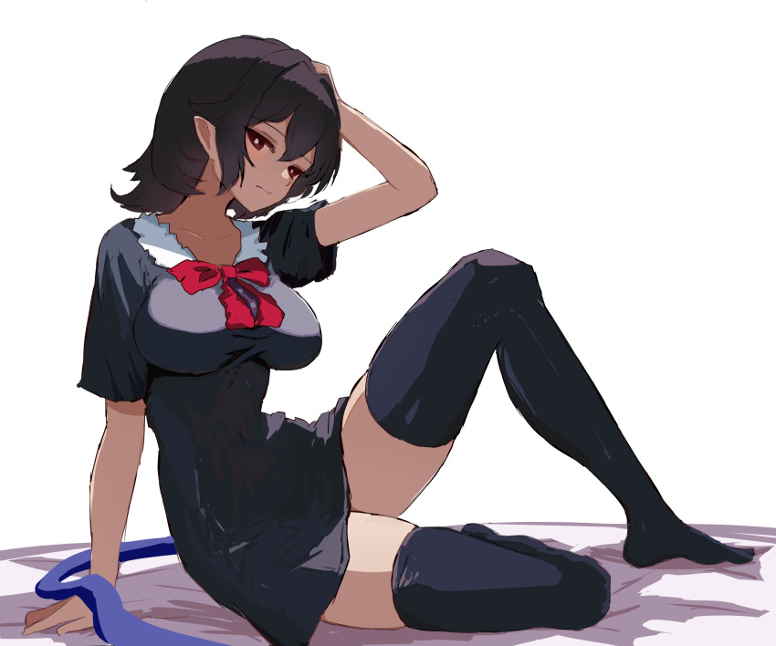 1girl absurdres black_dress black_hair black_thighhighs bow bowtie breasts closed_mouth commentary dress full_body highres houjuu_nue large_breasts looking_at_viewer medium_hair moriforest1040 pointy_ears red_bow red_bowtie red_eyes short_sleeves simple_background symbol-only_commentary thigh-highs touhou white_background