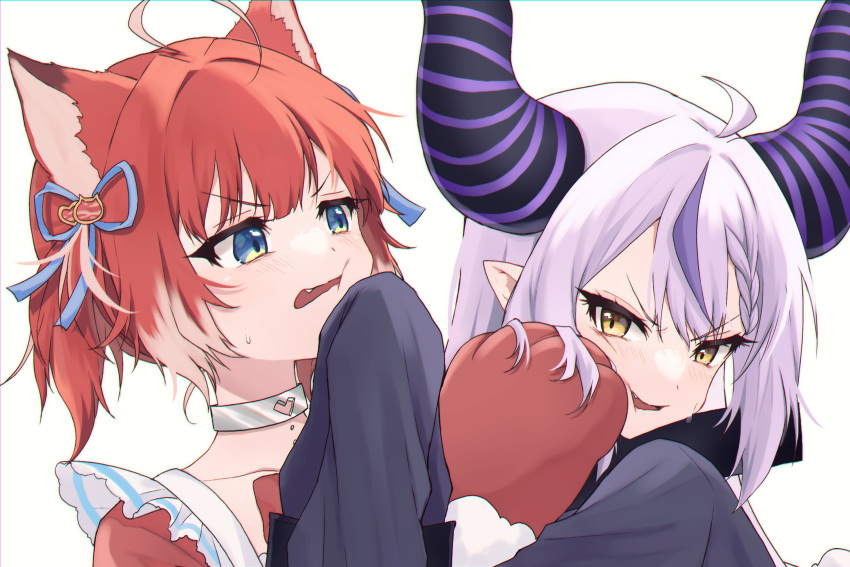 2girls ahoge akami_karubi angry animal_ears animal_hands apron black_coat blue_bow blue_eyes blue_ribbon bow braid cat_ears choker coat commentary_request demon_girl demon_horns fang fighting frilled_apron frills gloves hair_bow hand_on_another's_face highres hololive horns indie_virtual_youtuber la+_darknesss long_hair miya_(r_m_y_) multicolored_hair multiple_girls open_mouth paw_gloves pointy_ears redhead ribbon short_hair simple_background sleeves_past_fingers sleeves_past_wrists streaked_hair sweat twintails upper_body v-shaped_eyebrows virtual_youtuber white_background white_hair yellow_eyes