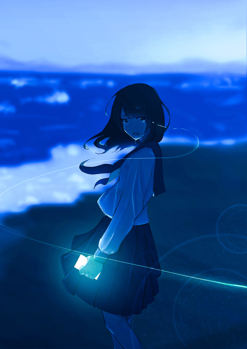 1girl absurdres arms_at_sides beach black_neckerchief black_sailor_collar black_skirt blue_sky blurry blurry_background crying crying_with_eyes_open dark eye_trail feet_out_of_frame floating_hair glowing highres horizon light_trail long_bangs long_hair long_sleeves looking_at_viewer neckerchief night ocean oka_kojiro open_mouth original outdoors pleated_skirt sailor_collar school_uniform screen_light serafuku shirt sidelocks skirt sky solo streaming_tears tears white_shirt