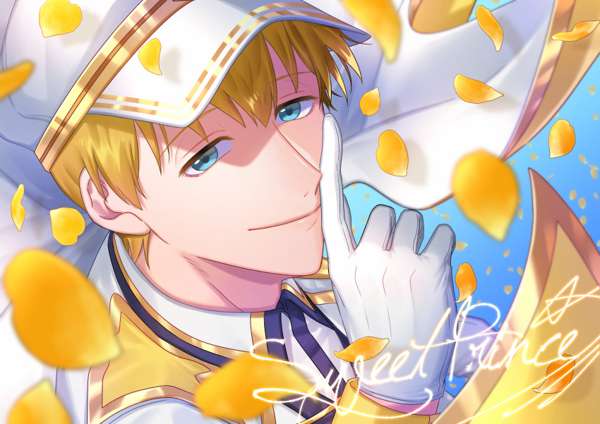 1boy absurdres blonde_hair blue_eyes cape character_name collared_shirt epaulettes f6 falling_petals finger_to_mouth flower gloves gold_trim hat highres looking_at_viewer male_focus matsuno_jyushimatsu military_hat on_shiromeshi osomatsu-san peaked_cap petals shirt smile white_cape white_gloves white_headwear yellow_flower