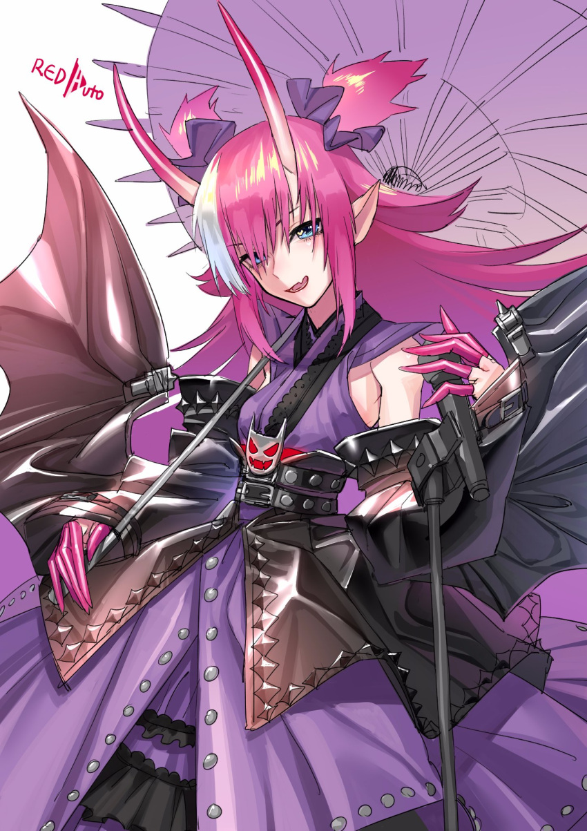 1girl belt blue_eyes elizabeth_bathory_(fate) elizabeth_bathory_(japan)_(fate) fang fate/grand_order fate_(series) finger_cots highres holding holding_umbrella horns japanese_clothes kimono long_hair looking_at_viewer microphone microphone_stand multicolored_hair oni_horns parted_lips pink_hair pointy_ears purple_kimono redauto skin_fang sleeveless sleeveless_kimono smile solo studded_belt twintails two-tone_hair two_side_up umbrella white_background white_hair wings