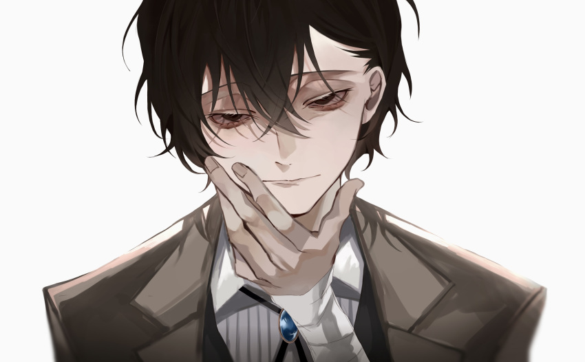 1boy bandaged_arm bandages black_eyes black_hair black_necktie brown_jacket brown_suit bungou_stray_dogs closed_mouth dazai_osamu_(bungou_stray_dogs) expressionless formal hair_between_eyes hand_on_own_cheek hand_on_own_chin hand_on_own_face highres jacket light_smile looking_at_viewer male_focus necktie shirt short_hair sidelocks simple_background solo suit upper_body user_wjpu7573 white_background white_shirt