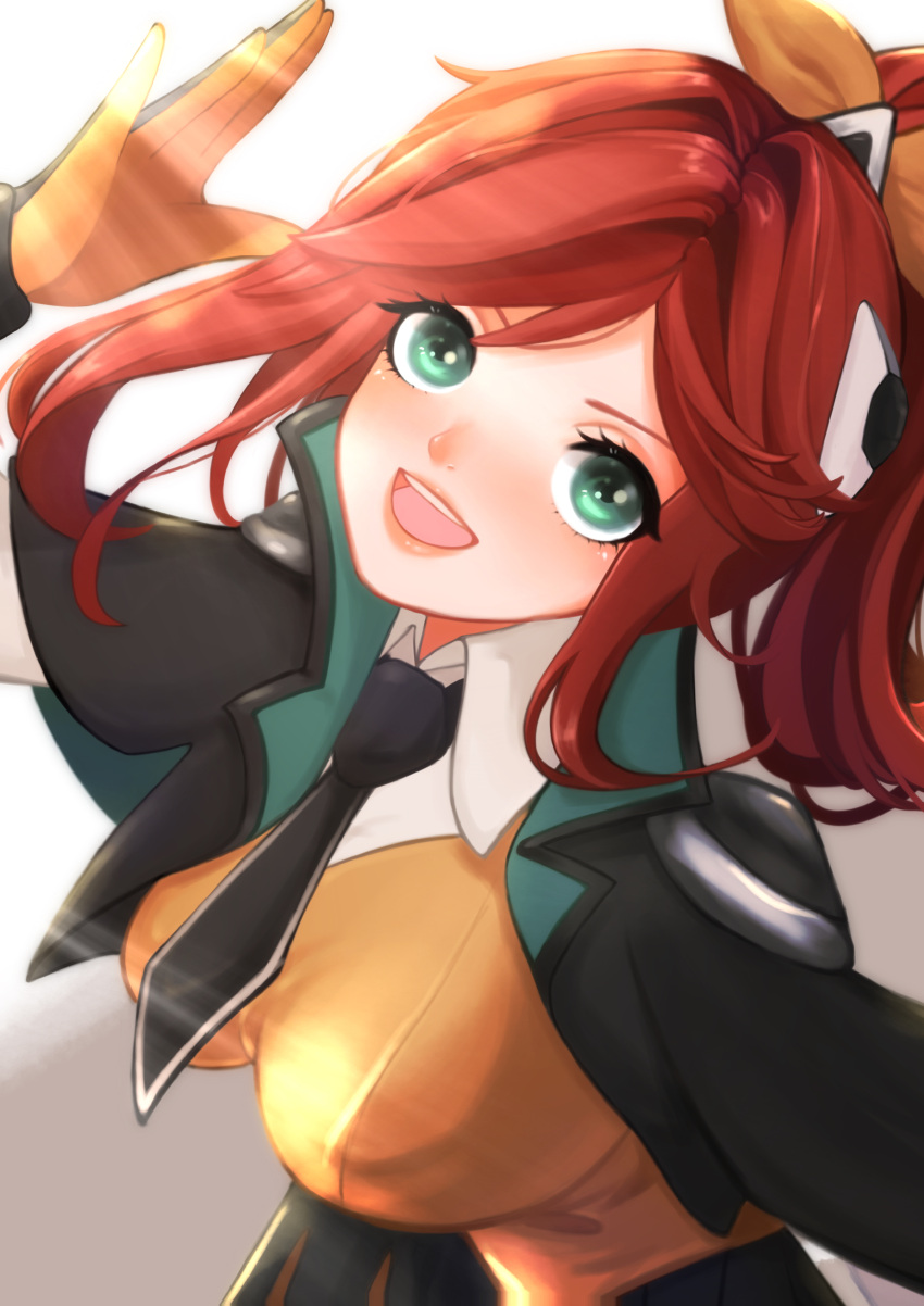 1girl absurdres arm_up black_gloves black_jacket black_necktie black_skirt blush bow breasts collared_jacket collared_shirt eyelashes gloves green_eyes hair_bow hair_ornament high_ponytail highres jacket jacket_on_shoulders large_breasts league_of_legends long_hair long_sleeves looking_at_viewer lux_(league_of_legends) necktie official_alternate_costume open_clothes open_jacket open_mouth redhead school_uniform shirt sidelocks skirt smile sunlight teeth two-tone_gloves upper_body upper_teeth_only v-shaped_eyebrows vest white_background white_shirt yellow_bow yellow_gloves yellow_vest yukomeow