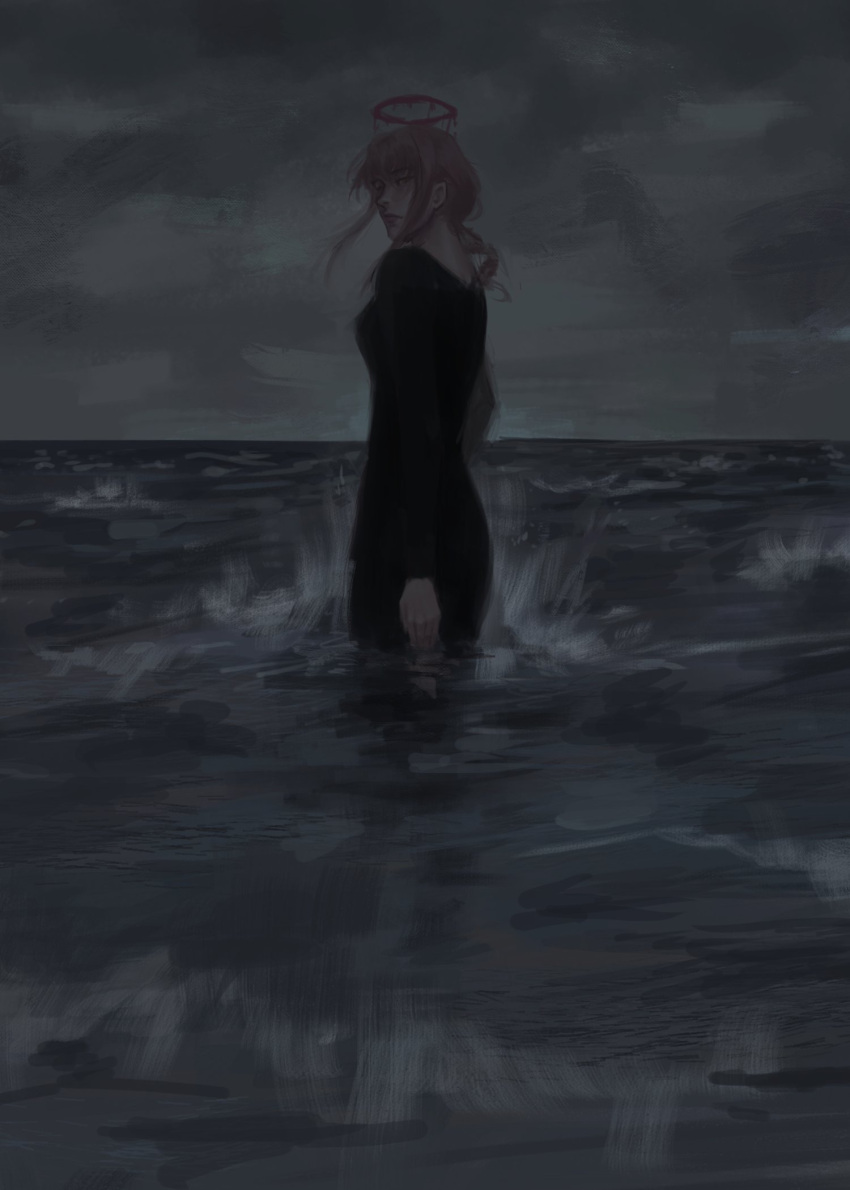 1girl bimbee_1106 black_dress braid braided_ponytail chainsaw_man dark dress grey_sky halo highres looking_at_viewer looking_back makima_(chainsaw_man) medium_hair muted_color red_halo redhead sidelocks sky solo wading