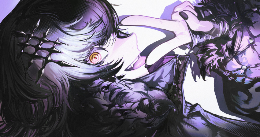 1girl absurdres black_coat black_hair black_nails coat fang fur-trimmed_coat fur_trim hair_ornament highres hololive hololive_english long_hair looking_at_viewer multicolored_hair open_mouth pungson_mori shiori_novella smile solo split-color_hair thighs tongue tongue_out two-tone_hair v virtual_youtuber white_hair yellow_eyes