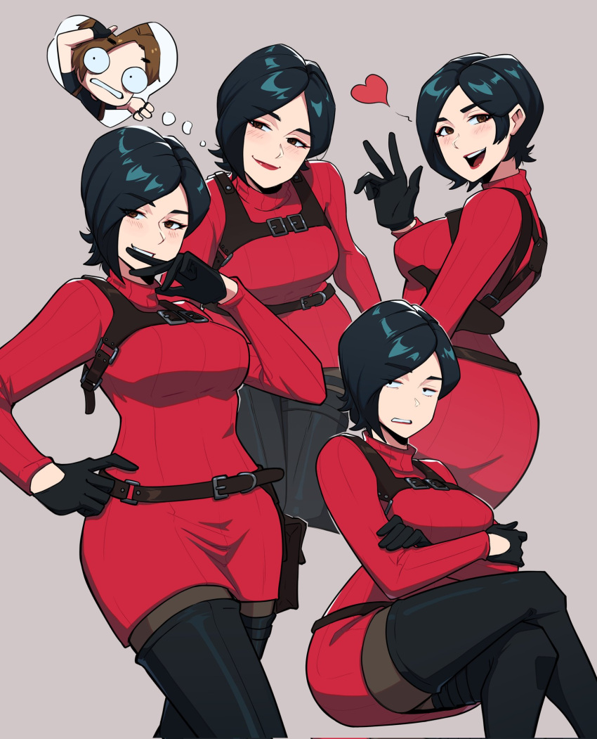 1girl ada_wong aneurysm_ax annoyed black_hair blush brown_eyes buckle expressions heart highres leon_s._kennedy multiple_views red_sweater resident_evil short_hair sweater thigh-highs waving