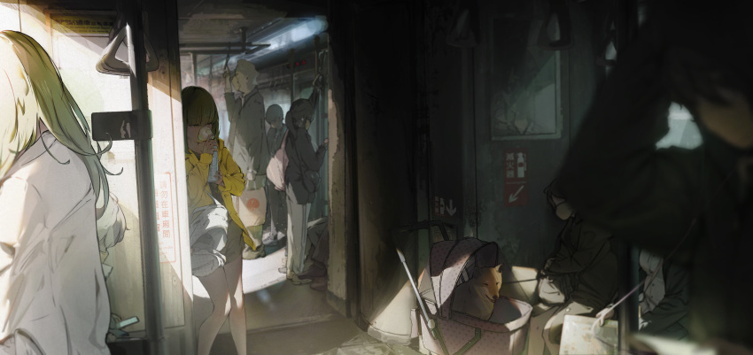 absurdres against_wall arient5888 baby_carrier backpack bag blunt_bangs dirty dog highres inhaler jacket leaning mask mouth_mask multiple_boys multiple_girls open_bag original short_shorts shorts standing train vehicle_interior yellow_jacket