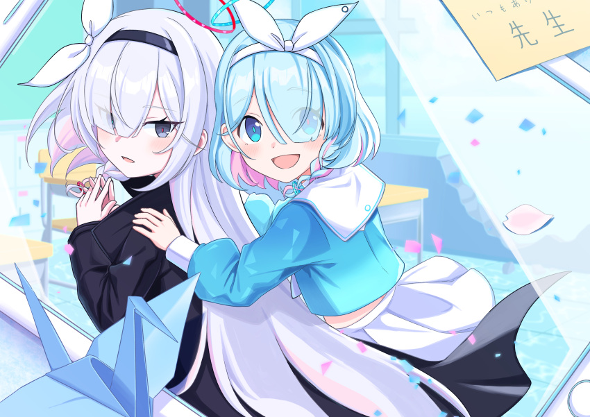 2girls :d absurdres arona_(blue_archive) black_coat black_eyes black_hairband blue_archive blue_eyes blue_hair blue_halo blue_shirt blurry blush classroom coat commentary depth_of_field desk hair_over_one_eye hair_ribbon hairband halo highres indoors keshikasu9 long_hair long_sleeves looking_at_viewer looking_back midriff_peek multiple_girls one_eye_covered open_mouth origami own_hands_together paper_crane plana_(blue_archive) red_halo ribbon sailor_collar school_desk shirt short_hair skirt smile upper_body very_long_hair white_hair white_hairband white_ribbon white_sailor_collar white_skirt