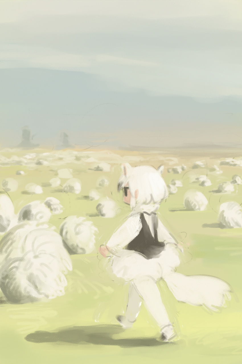 1girl animal_ears black_eyes black_hair black_vest clouds cloudy_sky colored_tips commentary_request day expressionless field from_behind full_body grass grey_sky highres jitome kemono_friends mixed-language_commentary multicolored_hair outdoors painterly pantyhose pero_(sabuaka_bacon) profile romaji_commentary shadow shirt short_hair skirt sky solo southern_tamandua_(kemono_friends) tail tumbleweed vest walking white_hair white_pantyhose white_shirt white_skirt