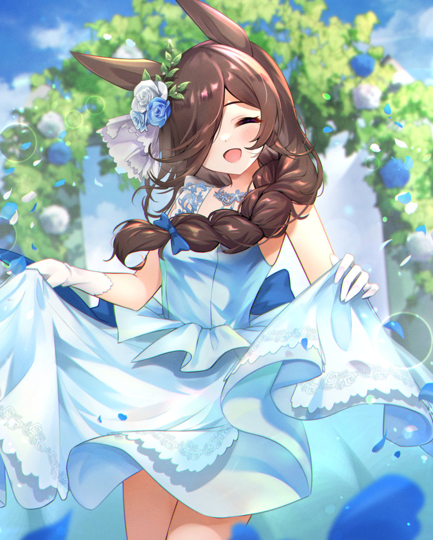 1girl animal_ears blue_flower blue_rose blurry blurry_background blush braid bride brown_hair closed_eyes clothes_lift day dress dress_lift facing_viewer flower gloves hair_flower hair_ornament hair_over_one_eye highres horse_ears horse_girl lifted_by_self long_hair meyamu open_mouth outdoors petals rice_shower_(longed-for_scenery)_(umamusume) rice_shower_(umamusume) rose single_braid smile solo the_promised_time:_silks_&amp;_three_riddles_(umamusume) umamusume white_dress white_flower white_gloves