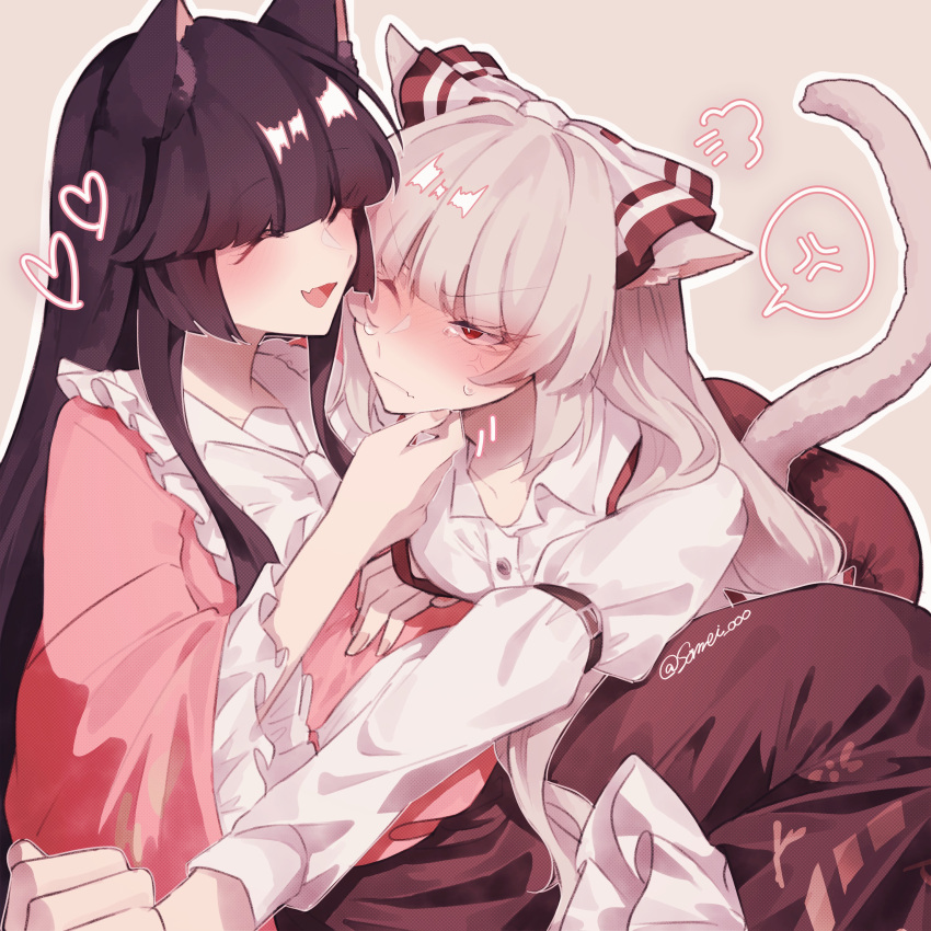 2girls ^_^ absurdres anger_vein animal_ears black_hair blush bow cat_ears cat_tail closed_eyes commentary fang frilled_sleeves frills frown fujiwara_no_mokou hair_bow hand_on_another's_chin heart highres hime_cut houraisan_kaguya long_hair long_sleeves multiple_girls one_eye_closed pants pink_shirt red_eyes red_pants red_skirt shirt simple_background skin_fang skirt smile somei_ooo spoken_anger_vein symbol-only_commentary tail touhou twitter_username very_long_hair white_background white_bow white_hair white_shirt wide_sleeves yuri