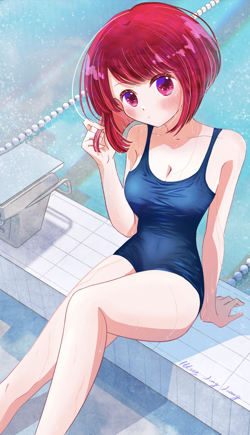 1girl absurdres arima_kana bare_arms bare_legs bob_cut closed_mouth hand_in_own_hair happy highres inverted_bob light_blush looking_at_viewer oshi_no_ko pool red_eyes redhead school_swimsuit short_hair sitting solo swimsuit user_swtd5855
