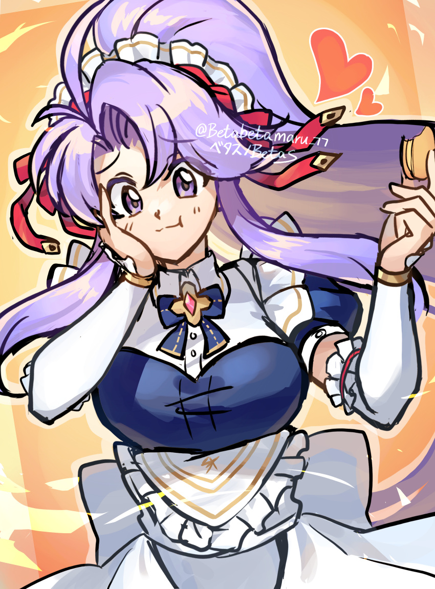 1girl alternate_costume apron artist_name betabetamaru chewing fire_emblem fire_emblem:_genealogy_of_the_holy_war fire_emblem_heroes food hand_on_own_face heart highres holding holding_food looking_at_viewer maid maid_apron maid_headdress official_alternate_costume purple_hair spoken_heart tailtiu_(fire_emblem) tailtiu_(tea_party)_(fire_emblem) violet_eyes wafer