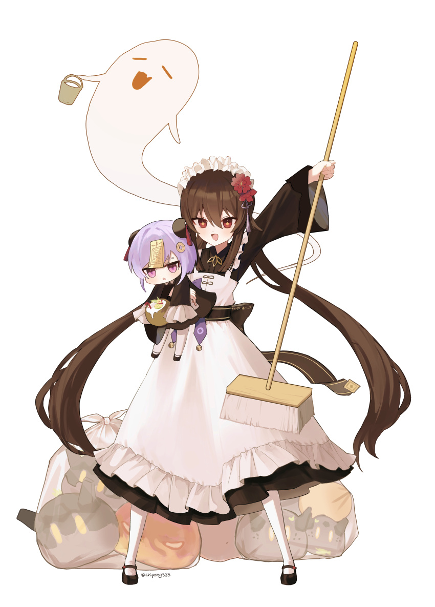 2girls :d absurdres alternate_costume apron arm_up bendy_straw black_dress black_footwear broom brown_hair bucket chipong closed_eyes coconut commentary_request dress drinking_straw enmaided fang flower frilled_apron frills fruit_cup full_body genshin_impact ghost hair_between_eyes hair_flower hair_ornament highres holding holding_broom hu_tao_(genshin_impact) long_hair long_sleeves low_twintails maid maid_apron maid_headdress mini_person minigirl multiple_girls ofuda pantyhose purple_hair qiqi_(genshin_impact) red_eyes red_flower shoes simple_background smile star-shaped_pupils star_(symbol) symbol-shaped_pupils transparent trash_bag twintails twitter_username very_long_hair violet_eyes white_apron white_background white_pantyhose wide_sleeves
