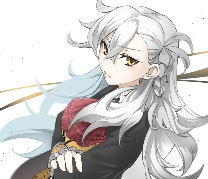 1girl antenna_hair ascot black_jacket blush braid brooch brown_eyes closed_mouth commentary_request crossed_arms crossed_bangs fate/grand_order fate_(series) hair_between_eyes highres jacket jewelry kandori_makoto long_hair long_sleeves looking_at_viewer olga_marie_animusphere red_ascot side_braid simple_background solo very_long_hair white_background white_hair
