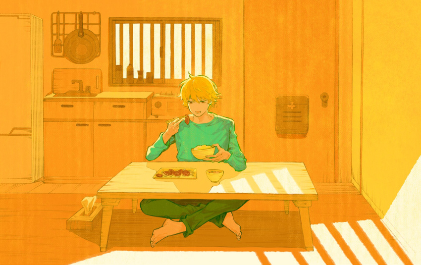 1boy barefoot blonde_hair bowl chainsaw_man chopsticks denji_(chainsaw_man) dining_room food highres holding holding_chopsticks light_rays looking_at_object meat open_mouth rice_bowl short_hair sitting solo tissue_box tuzaixia yellow_theme