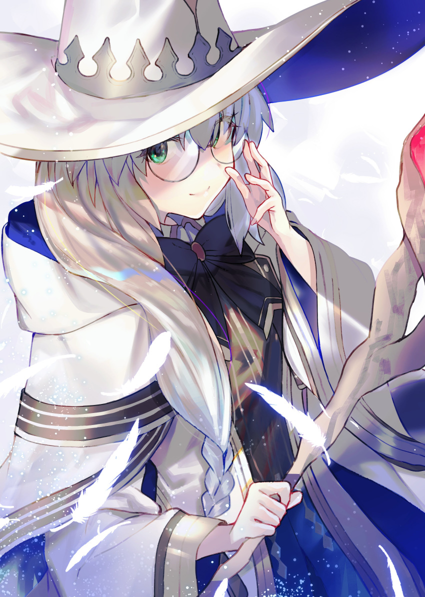 1girl absurdres adjusting_eyewear black_bow black_bowtie blonde_hair bow bowtie braid brooch capelet falling_feathers fate/grand_order fate_(series) feathers glasses gold_trim green_eyes hair_over_shoulder hand_up hat highres holding holding_staff jewelry light_blush light_particles long_sleeves looking_at_viewer looking_to_the_side red_brooch robe round_eyewear single_braid smile solo staff striped tonelico_(fate) tsukudani_(ore624) two-tone_headwear upper_body white_capelet white_feathers white_headwear white_robe wide_sleeves witch_hat