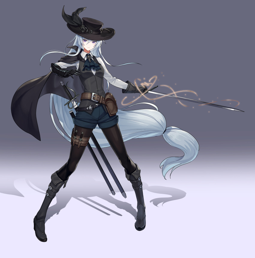1girl absurdres ascot boots borrowed_character cape commentary_request commission expressionless full_body gradient_background hat hat_feather highres holding holding_sword holding_weapon long_hair looking_at_viewer mytea_(soso) original pantyhose_under_shorts pigeon-toed shadow sheath shorts skeb_commission solo standing sword thigh_strap unsheathed very_long_hair violet_eyes weapon white_hair