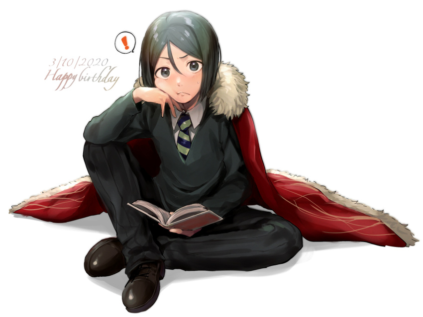 ! 1boy 5saiji black_eyes black_hair black_pants blush book brown_footwear cape closed_mouth dated fate/zero fate_(series) full_body hair_between_eyes happy_birthday highres holding holding_book long_sleeves looking_at_viewer male_focus necktie open_book pants red_cape simple_background sitting solo spoken_exclamation_mark striped striped_necktie sweat waver_velvet white_background
