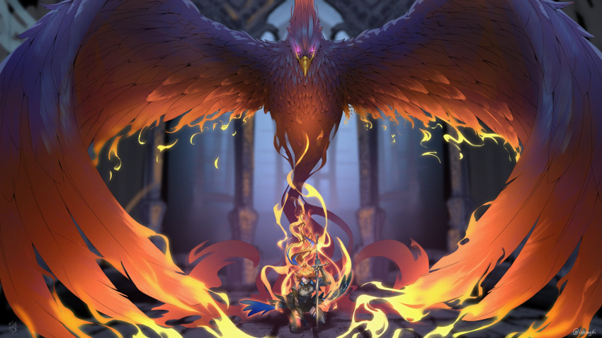 1girl armor bird blood blood_on_face broken broken_sword broken_weapon clenched_teeth feathered_wings fiery_wings fire flame highres hololive hololive_english injury iskaydi kneeling looking_at_viewer orange_hair phoenix solo sword takanashi_kiara takanashi_kiara_(6th_costume) takanashi_kiara_(phoenix) teeth violet_eyes weapon wings
