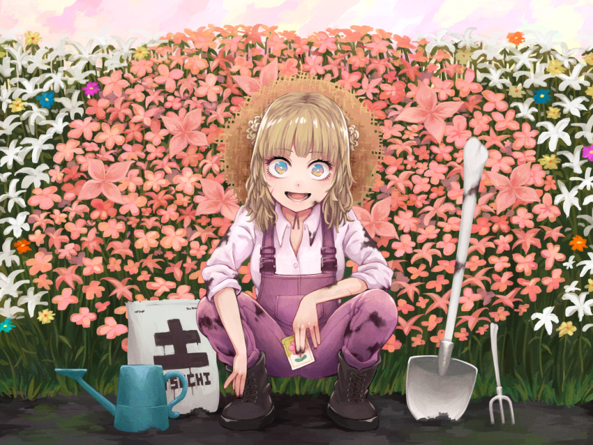 1girl :d bag blue_eyes boots brown_eyes bush collared_shirt double_bun flower hair_bun hat hat_on_back holding light_brown_hair looking_at_viewer medium_hair multicolored_eyes open_mouth original outdoors overalls pink_shirt purple_overalls shirt shovel smile solo squatting straw_hat watering_can yajirushi_(chanoma)