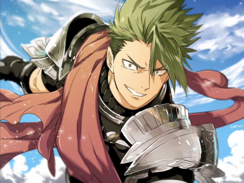 1boy achilles_(fate) armor black_gloves blue_sky clenched_teeth fate/grand_order fate_(series) general_orumutsu gloves green_eyes green_hair grin hair_between_eyes highres holding male_focus red_sash sash short_hair sky smile teeth undercut unusually_open_eyes upper_body