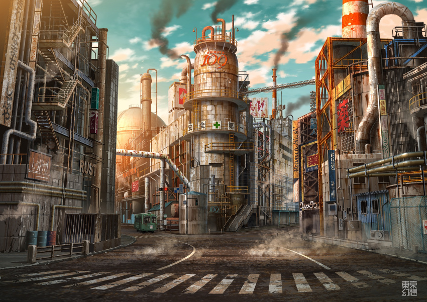 2019 artist_name building city cityscape clouds cloudy_sky commentary_request crosswalk day drum_(container) highres industrial motor_vehicle no_humans original outdoors real_world_location road scenery shibuya_(tokyo) shooting_star silo sky smoke steam streetcar sunlight tokyo_(city) tokyogenso urban