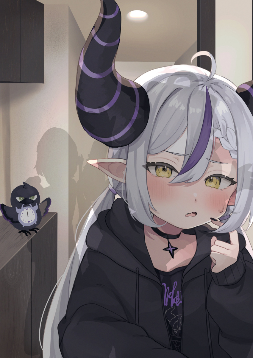 1girl absurdres ahoge black_choker black_hoodie black_nails black_shirt blush braid choker commentary_request crow_(la+_darknesss) demon_girl demon_horns finger_to_cheek hair_between_eyes highres hololive hood hoodie horns indoors la+_darknesss long_hair low_twintails multicolored_hair mutsumi326 open_clothes open_hoodie open_mouth pointy_ears shadow shirt solo streaked_hair sweatdrop twintails upper_body very_long_hair virtual_youtuber white_hair yellow_eyes