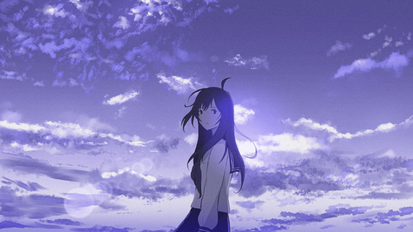 1girl absurdres ahoge arms_at_sides black_eyes black_hair black_sailor_collar black_skirt closed_mouth clouds cloudy_sky cowboy_shot evening expressionless from_side highres lens_flare long_hair long_sleeves looking_at_viewer oka_kojiro original outdoors purple_sky sailor_collar school_uniform serafuku shirt skirt sky solo straight_hair white_shirt