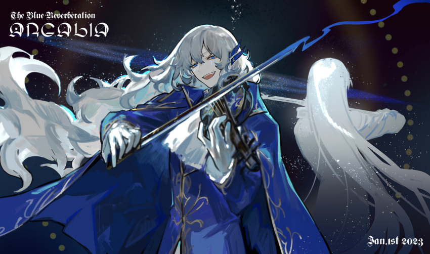 1boy 1girl angelica_(library_of_ruina) argalia_(library_of_ruina) ascot blue_cape blue_eyes blue_jacket bow_(music) cape collared_cape floating_hair ghost gloves gold_trim hair_ornament highres instrument jacket library_of_ruina long_hair long_sleeves looking_at_viewer music nishikujic open_mouth playing_instrument project_moon sidelocks smile upper_body very_long_hair violin white_ascot white_gloves white_hair white_jacket