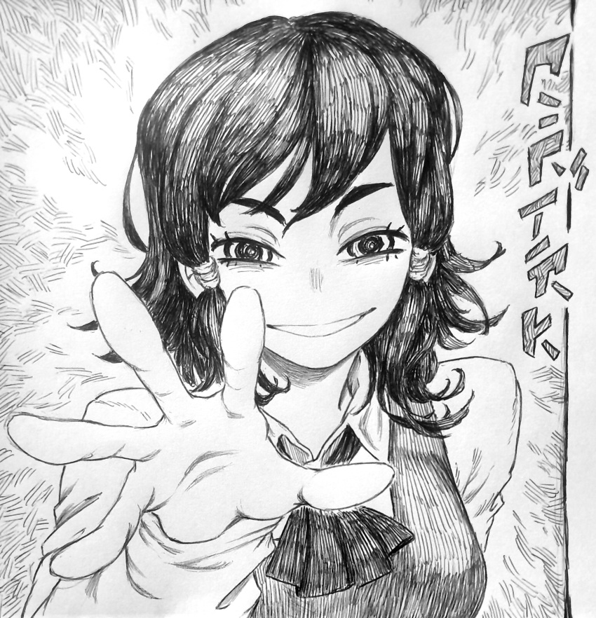 1girl absurdres black_hair chainsaw_man chronozbergh graphite_(medium) greyscale hatching_(texture) highres looking_at_viewer medium_hair monochrome parted_lips reaching reaching_towards_viewer smile solo traditional_media twintails yoshida's_female_associate
