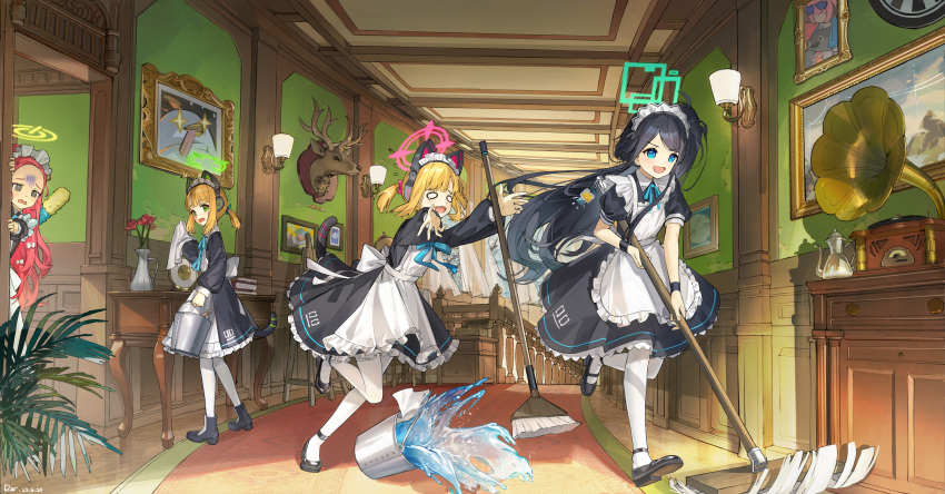 4girls @_@ absurdres alternate_costume animal_ear_headphones animal_ears apron aris_(blue_archive) aris_(maid)_(blue_archive) black_dress black_footwear black_hair black_wristband blonde_hair blue_archive blue_eyes blue_ribbon book book_stack boots bucket bucket_of_water bucket_spill cat_ear_headphones cat_tail chinese_commentary cleaning commentary_request deer_head dor_m dress facing_viewer fake_animal_ears flower frilled_dress frills full_body game_development_department_(blue_archive) green_halo hallway halo headphones hiding highres holding holding_bucket holding_mop indoors long_hair looking_ahead looking_at_another looking_back low_ponytail maid maid_apron maid_headdress midori_(blue_archive) momoi_(blue_archive) mop multiple_girls neck_ribbon official_alternate_costume open_mouth pantyhose phonograph picture_frame puffy_short_sleeves puffy_sleeves red_halo redhead ribbon running short_hair short_sleeves side_ponytail sidelocks smile spill standing table tail two_side_up white_apron white_pantyhose yellow_halo yuzu_(blue_archive)