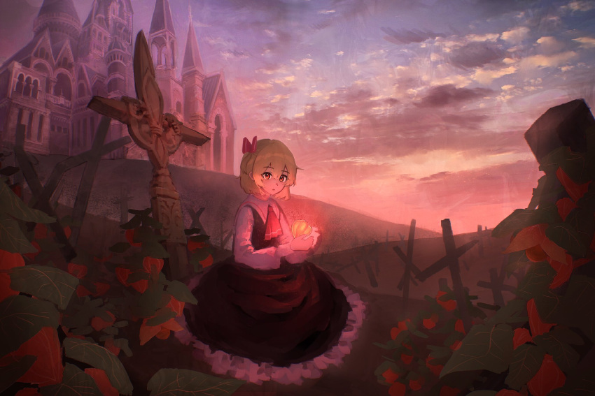 ascot black_skirt black_vest blonde_hair bo_cota clouds cloudy_sky collared_shirt cross flower frilled_skirt frills glowing hair_ribbon highres hill holding long_sleeves looking_at_viewer outdoors red_ascot red_eyes red_ribbon ribbon rumia scarlet_devil_mansion scenery shirt short_hair sitting skirt skirt_set sky tombstone touhou vest white_shirt