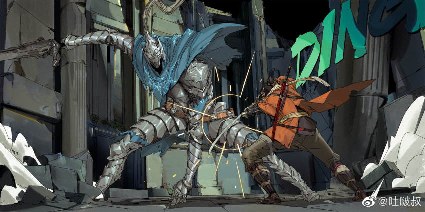 2boys armor artorias_the_abysswalker battle cape commentary company_connection cross dark_souls_(series) dark_souls_i duel faulds from_software full_armor helmet highres holding holding_sword holding_weapon knight male_focus manly multiple_boys ninja ninjatou parrying sekiro sekiro:_shadows_die_twice short_sword size_difference sound_effects sword tooboshoo weapon