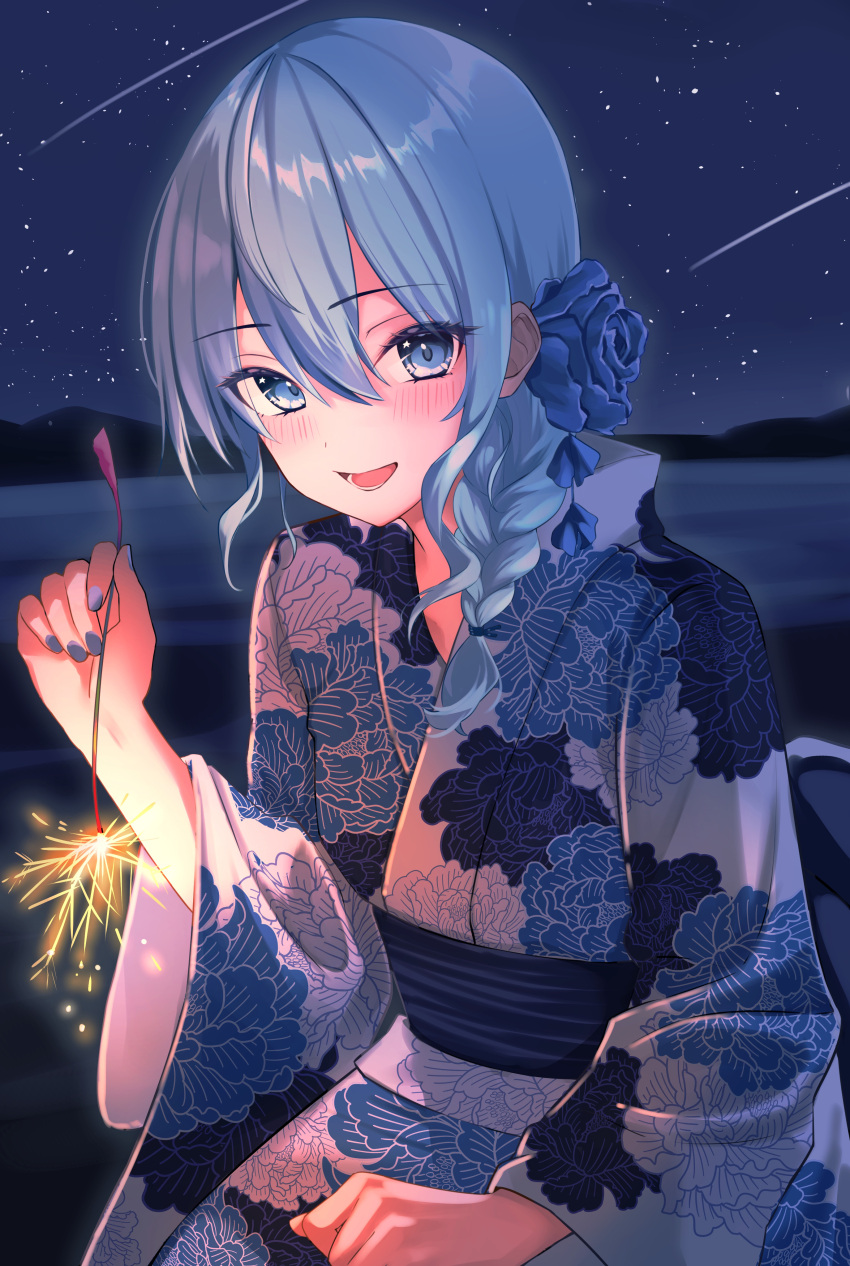 1girl :d absurdres blue_eyes blue_flower blue_hair blue_kimono blue_nails blue_rose braid braided_ponytail floral_print flower hair_flower hair_ornament highres holding_fireworks hololive hoshimachi_suisei japanese_clothes kimono looking_at_viewer low_side_ponytail night night_sky nisi_ki_no obi open_mouth print_kimono rose sash sky smile solo star_(sky) starry_sky virtual_youtuber